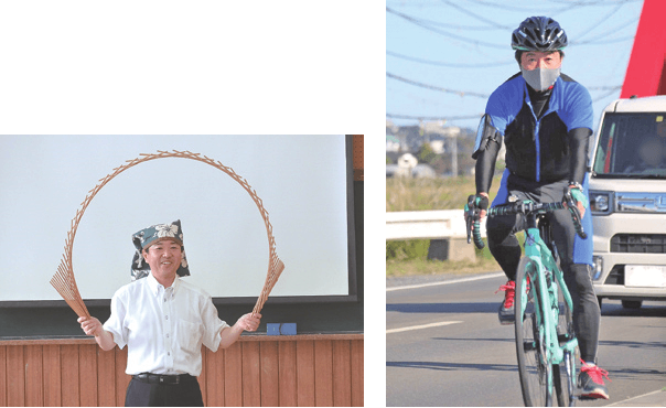 水戸市長高橋やすしがサイクリングしている写真と南京玉すだれをしている写真